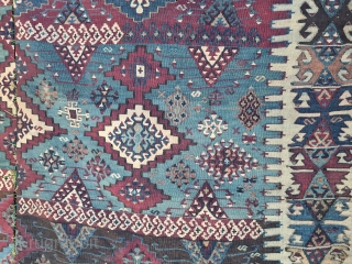 Rare antique turkish Aleppo Reyhanli Kilim 
~ 1800/1850
 170x365cm

all naturel dyes, embroided with cotton
wool on wool                 