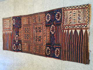 Antique opened bachtiari sumakh camel bag in three techniques (kilim weaving, sumakh weaving, and knotting) in natural colors and beautiful camel and animal patterns. Dimensions: 200x85cm. Wool on wool. Cotton in the  ...
