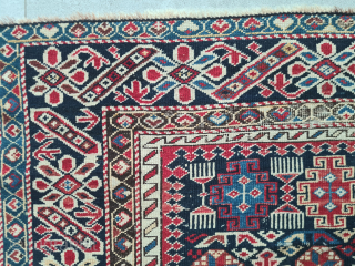 Antique Caucasian Kazak Chichi rug with beautiful natural colors. Low pile and signs of wear (see photos). The dark wool is corroded/oxidized with age. Nevertheless, a great example of its class. Dimensions:  ...