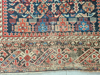 Antique Caucasian Kazak Chichi rug with beautiful natural colors. Low pile and signs of wear (see photos). The dark wool is corroded/oxidized with age. Nevertheless, a great example of its class. Dimensions:  ...