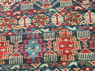 Antique Caucasian Kazak Chichi rug with beautiful natural colors. Low pile and signs of wear (see photos). The dark wool is corroded/oxidized with age. Nevertheless, a great example of its class. Dimensions:  ...