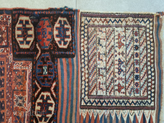 Antique opened Bakhtiari saddlebag/camel bag, made using three techniques (kilim, sumakh, and knotting). The piece has charm: lovely animal motifs on the white areas. Plant-based dyes. Dimensions: 240 x 93 cm. A  ...