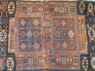 Antique opened Bakhtiari saddlebag/camel bag, made using three techniques (kilim, sumakh, and knotting). The piece has charm: lovely animal motifs on the white areas. Plant-based dyes. Dimensions: 240 x 93 cm. A  ...