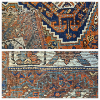 Antique Qashqai Khamseh rug with beautiful patterns (Hejbathlu medallions) and plant-based dyes from the first quarter of the 20th century. Rare small format. Dimensions approximately 117 x 153 cm. The fringe is ...