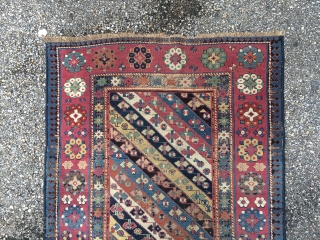 An antique Talish rug 3rd Q or earlier with ALL browns oxidized, some areas of wear, measuring 3'.5" * 10'  . Missing Original side cord and some of ends.  Unsuall  ...