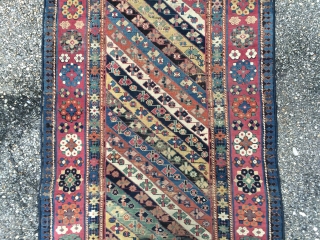 An antique Talish rug 3rd Q or earlier with ALL browns oxidized, some areas of wear, measuring 3'.5" * 10'  . Missing Original side cord and some of ends.  Unsuall  ...