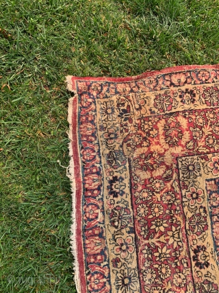 Old Persian Kerman 9.2x15.8 SHABBY CHIC , low pile  some holes and patch in one end.decorative piece .              