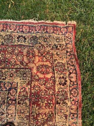 Old Persian Kerman 9.2x15.8 SHABBY CHIC , low pile  some holes and patch in one end.decorative piece .              