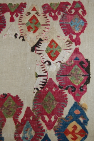 Central Anatolian Kilim Fragment. Mounted. Size of linen support (full size): 77x114cm, fragment size: about 67x104cm.                 