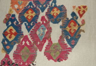 Central Anatolian Kilim Fragment. Mounted. Size of linen support (full size): 77x114cm, fragment size: about 67x104cm.                 
