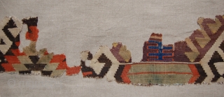 West Anatolian Kilim Fragment. Mounted. Size of linen support (full size): 58x158cm, fragment size: about 48x148cm.                 