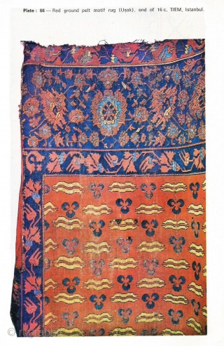 Ushak Rug - Border Fragment. Circa 16th century.  Mounted. Size of linen support (full size): 56x74cm, fragment size: about 46x64cm. Ushak rugs with this border design in the Museum of Turkish  ...