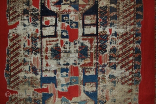 Caucasian Kuba Rug. Mounted. Size of support (linen): 121x170cm, fragment size: 100x148cm. Last picture serves as an example, shows another rug of the same type in Azerbaijan Carpet Museum's stores.   