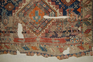 Caucasian Shirvan rug fragment. Rug with the finest quality. Thin, densely knotted. Mounted. Size of support (linen): 123x170cm, fragment size: about 113x160cm. For a very similar (almost the same) rug see Nicolas  ...