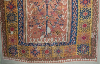 Turkish Yahyali Prayer Kilim. Tree of life motive in the central field. Fragmented, sewn on linen support. Size of support (linen): 135x195cm, fragment size: about 125x185cm. About 60-80 years old.   