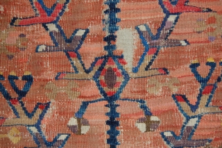 Turkish Yahyali Prayer Kilim. Tree of life motive in the central field. Fragmented, sewn on linen support. Size of support (linen): 135x195cm, fragment size: about 125x185cm. About 60-80 years old.   