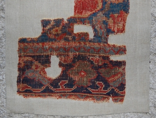 West Anatolian Ushak Saf Fragment. Mounted. Size of linen support (full size): 52x148cm, fragment size: about 42x138cm.                