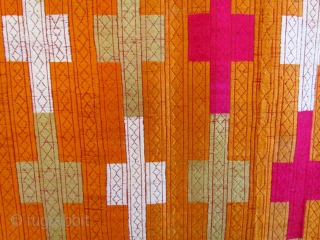 This Punjab Bagh phulkari measures 50 inches x 106 inches. There are 2 small areas where the magenta dye has bled onto a neighboring area where the cloth was folded. The overall  ...