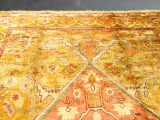 Amazing Antique Turkish Angora Oushak Rug.

stunning antique angora oushak. size 9'1'' x 12'3''. condition great pile allover.unique colors .very top quality silky wool.circa 1890. ends and sides intact. very decorative rug.  