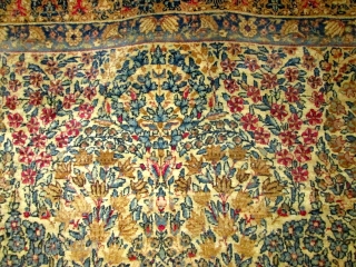 Gorgeous Antique Persian Laver Kerman Rug.

size 7'3''x4'6''. circa 1920. condition near perfect.lovely colors. all original .no repair, very fine rug.             