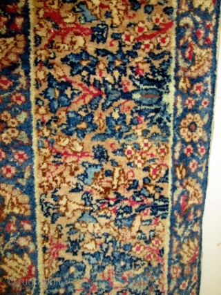 Gorgeous Antique Persian Laver Kerman Rug.

size 7'3''x4'6''. circa 1920. condition near perfect.lovely colors. all original .no repair, very fine rug.             