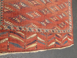 19TH century Yomud Turkoman Rug.

size 5'3''x9'3''. condition low even pile ,some old re pile. ends and sides intact. no stain and wholes.wool on wool foundation. good old  rug.    