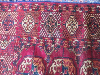 Antique Tekke Turkoman Rug.

size 11'4'' x 7'9''. condition very good for the age ,low even pile with one small spot lower then other part of the rug.  needs a bath.fine quality  ...