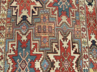 4'x5'9'' Exceptional Very Rare Leshghi Stars Caucasian Rug.

early 19th century Circa 1820 to 1840. condition very good for the age ,low even pile with small  oxidase brown old re pile .different  ...
