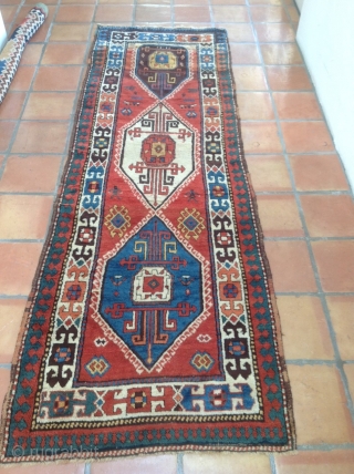 archaic and graphically powerful 19thc rug, full pile, eastern turkic drawing/kurdish colors,   ( long fleecy kazak-like pile) 3 x10            