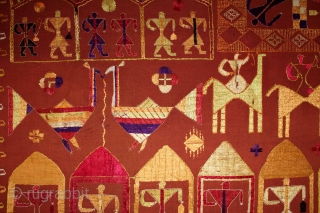 Sainchi Phulkari From East(Punjab) India.Circa 1900.Hand Spun Cotton khaddar Cloth.Sainchi are elaborate pictorial embroideries created by women in Haryana that mirror their life and beliefs,their hopes and desires.Scenes of rural life enrich  ...