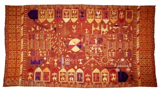 Sainchi Phulkari From East(Punjab) India.Circa 1900.Hand Spun Cotton khaddar Cloth.Sainchi are elaborate pictorial embroideries created by women in Haryana that mirror their life and beliefs,their hopes and desires.Scenes of rural life enrich  ...