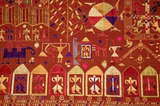 Sainchi Phulkari From East(Punjab) India.Circa 1900.Hand Spun Cotton khaddar Cloth.Sainchi are elaborate pictorial embroideries created by women in Haryana that mirror their life and beliefs,their hopes and desires.Scenes of rural life enrich  ...