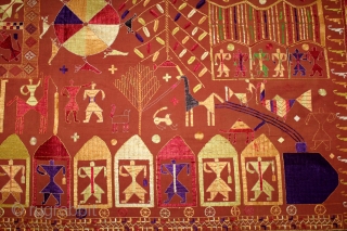 Sainchi Phulkari From East(Punjab) India.Circa 1900.Hand Spun Cotton khaddar Cloth.Sainchi are elaborate pictorial embroideries created by women in Haryana that mirror their life and beliefs,their hopes and desires.Scenes of rural life enrich  ...