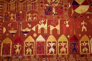 Sainchi Phulkari From East(Punjab) India.Circa 1900.Hand Spun Cotton khaddar Cloth.Sainchi are elaborate pictorial embroideries created by women in Haryana that mirror their life and beliefs,their hopes and desires.Scenes of rural life enrich  ...