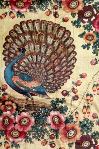 Manchester Print Pichwai Of Peacock From Manchester England made for Indian Market.C.1900. The dance of the Peacock depicts that its starting of the Monsoon season and they are welcoming it with joy.  ...