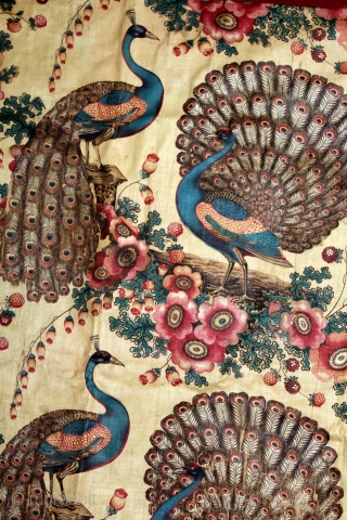 Manchester Print Pichwai Of Peacock From Manchester England made for Indian Market.C.1900. The dance of the Peacock depicts that its starting of the Monsoon season and they are welcoming it with joy.  ...