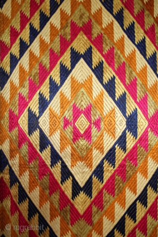 Phulkari From West(Pakistan)Punjab India Called As Panchrangi Bagh. Beautiful colour Combination of Panchrangi (Five Coloured One). One of the rare design in Indian Phulkari.(DSE02200)         