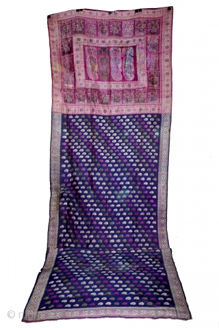 Baluchar Sari woven in silk Brocade From Murshidabad,West Bengal,India.Circa 1900.Here the pallu of the sari is decorated with large paisleys set within a border of human figures RAJA seating in his Raj-elephant.  ...