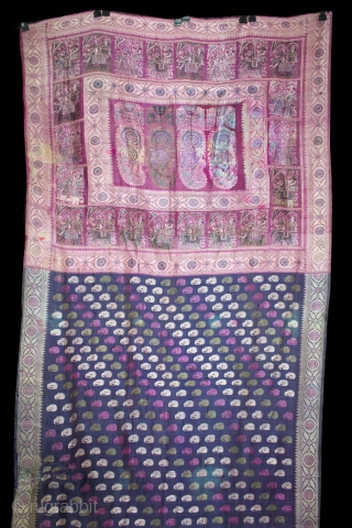 Baluchar Sari woven in silk Brocade From Murshidabad,West Bengal,India.Circa 1900.Here the pallu of the sari is decorated with large paisleys set within a border of human figures RAJA seating in his Raj-elephant.  ...