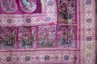 Baluchar Sari woven in silk Brocade From Murshidabad,West Bengal,India.Circa 1900.Here the pallu of the sari is decorated with large paisleys set within a border of human figures RAJA seating in his Raj-elephant.  ...