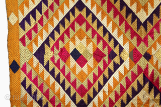 Phulkari From West(Pakistan)Punjab India Called As Panchrangi Bagh With Shisha Design Beautiful colour combination of Panchrangi Colours,C.1900. Very Rare kind of Phulkari. Floss Silk on Hand Spun Cotton khaddar Cloth.(DSC05840).   