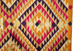 Phulkari From West(Pakistan)Punjab India Called As Panchrangi Bagh With Shisha Design Beautiful colour combination of Panchrangi Colours,C.1900. Very Rare kind of Phulkari. Floss Silk on Hand Spun Cotton khaddar Cloth.(DSC05840).   