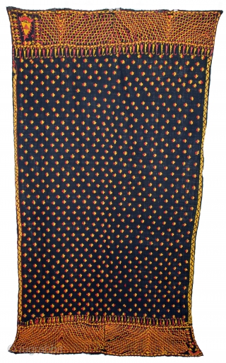 Indigo Phulkari From East(Punjab)India Called As Khanjar Buti Phulkari.C.1900.Rare Design of Khanjar.Floss Silk on Hand Spun Cotton khaddar Cloth.(DSL03680).              