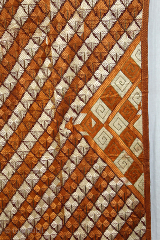 Phulkari From West (Pakistan)Punjab India.C.1900. Rare Influence of Mathuravati (Ghunghat)Bagh. Rare Design. Floss Silk on Hand Spun Cotton khaddar. Its size is 124cm x 255cm.(DSC05920).        