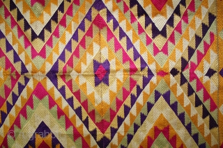 Panch Rangi Rumal From West(Pakistan)Punjab India.Its size is 92cm X 80cm.One of the rare Rumal in Indian Phulkari.(DSL01835).               