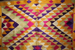 Panch Rangi Rumal From West(Pakistan)Punjab India.Its size is 92cm X 80cm.One of the rare Rumal in Indian Phulkari.(DSL01835).               