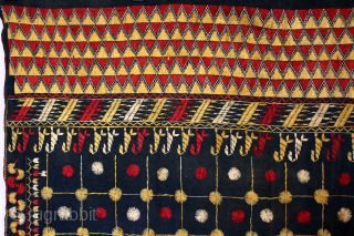 Indigo Phulkari From East(Punjab)India.C.1900. Rare Indigo Phulkari. Floss Silk on Hand Spun Cotton khaddar Cloth. Its size is 124cm X 208cm.(DSC05940).            