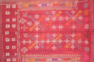 Odhani from Shekhawati wool shawl Distic of Rajasthan India.Hand embroidery ethnic folk handloom handmade old rare shawl.Its size is 142cm x 192cm.About the Condition Some original repairs.(DSL01860).      