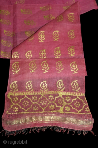 Khari Pagh(Turban) Used on Ceremonial Turban cotton Mull-Mull,Gold Paste.C.1900.Royals family Rajasthan India.Length 15 to 18 miter.(DSL03020).                 