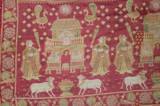 Manchester Print Pichwai of Gopies And Cow’s Peacock From Manchester England made for Indian Market. Roller Printed on Cotton.C.1900.Its size is 134cmcm x 398cm.(DSL04390).         
